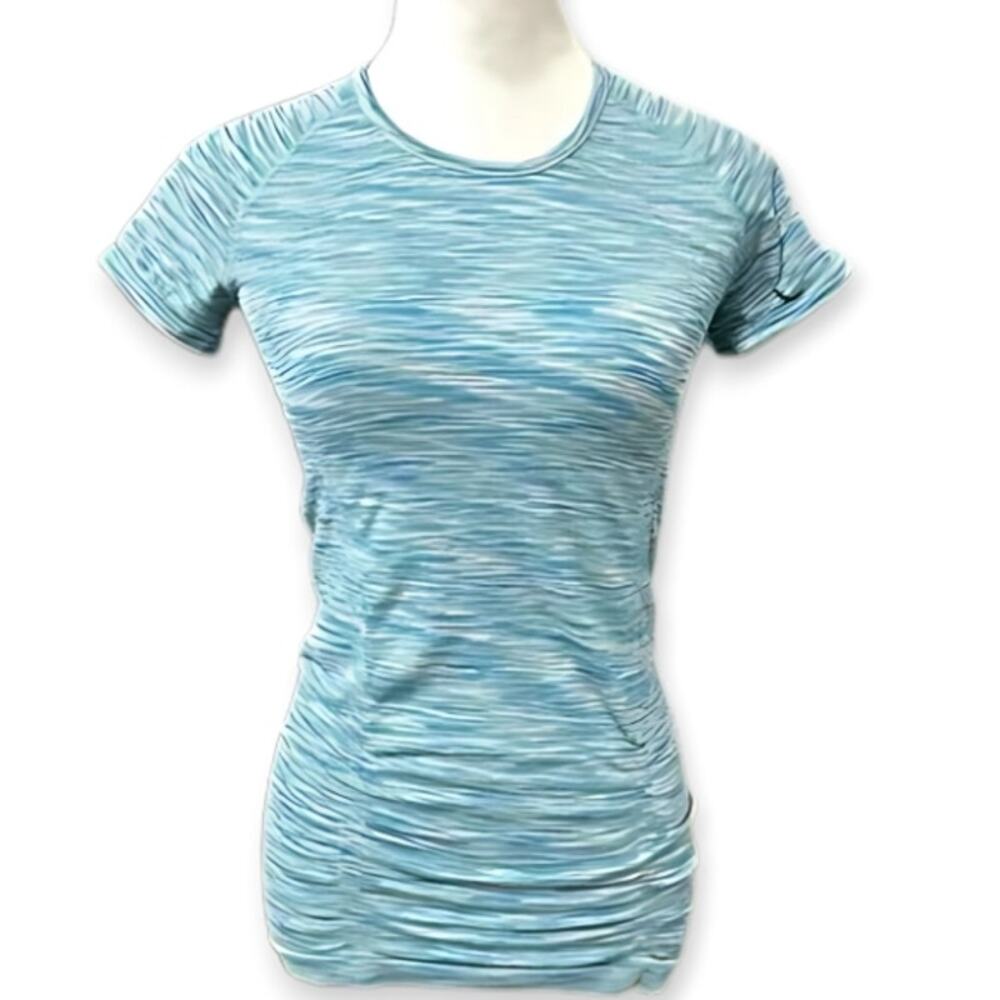 Athleta Activewear Top Space Dye Short Sleeves Crew Neck Stretchy Ruched Blue XS